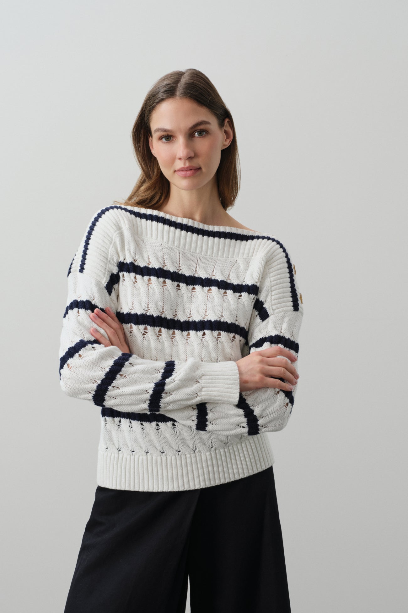 PAULA STRIPED OFF THE SHOULDER SWEATER