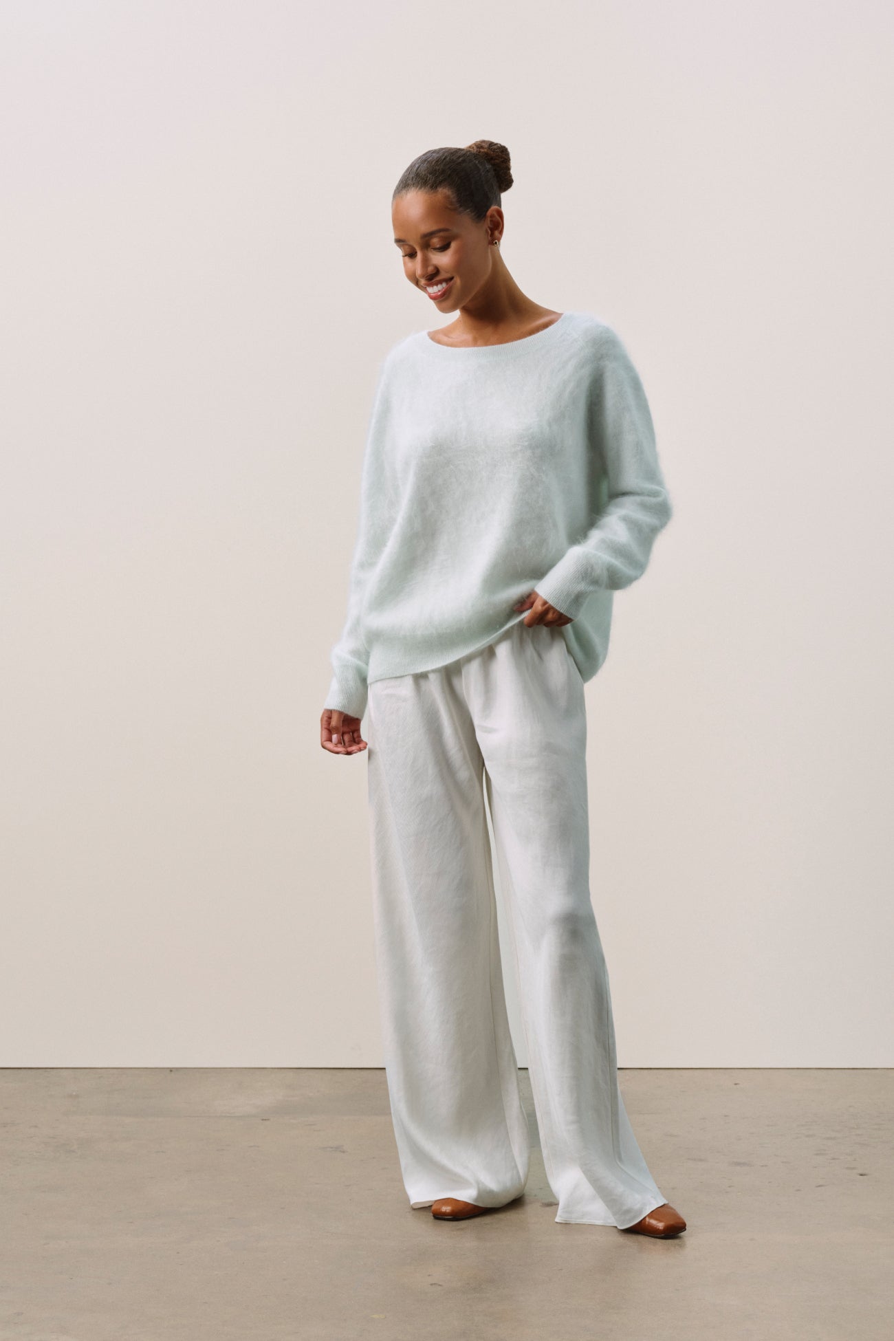 DOVE BRUSHED CASHMERE OFF THE SHOULDER SWEATER